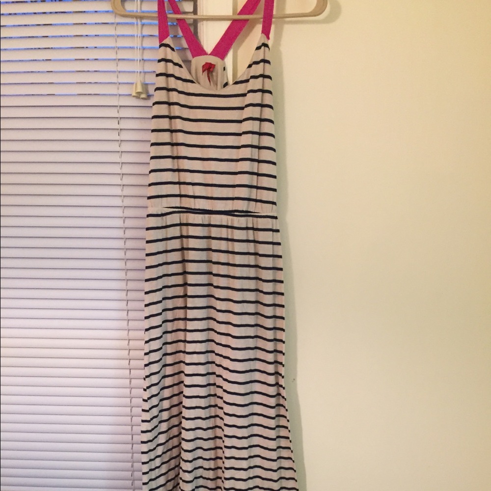 Maxi dress, striped navy, pink, and beige